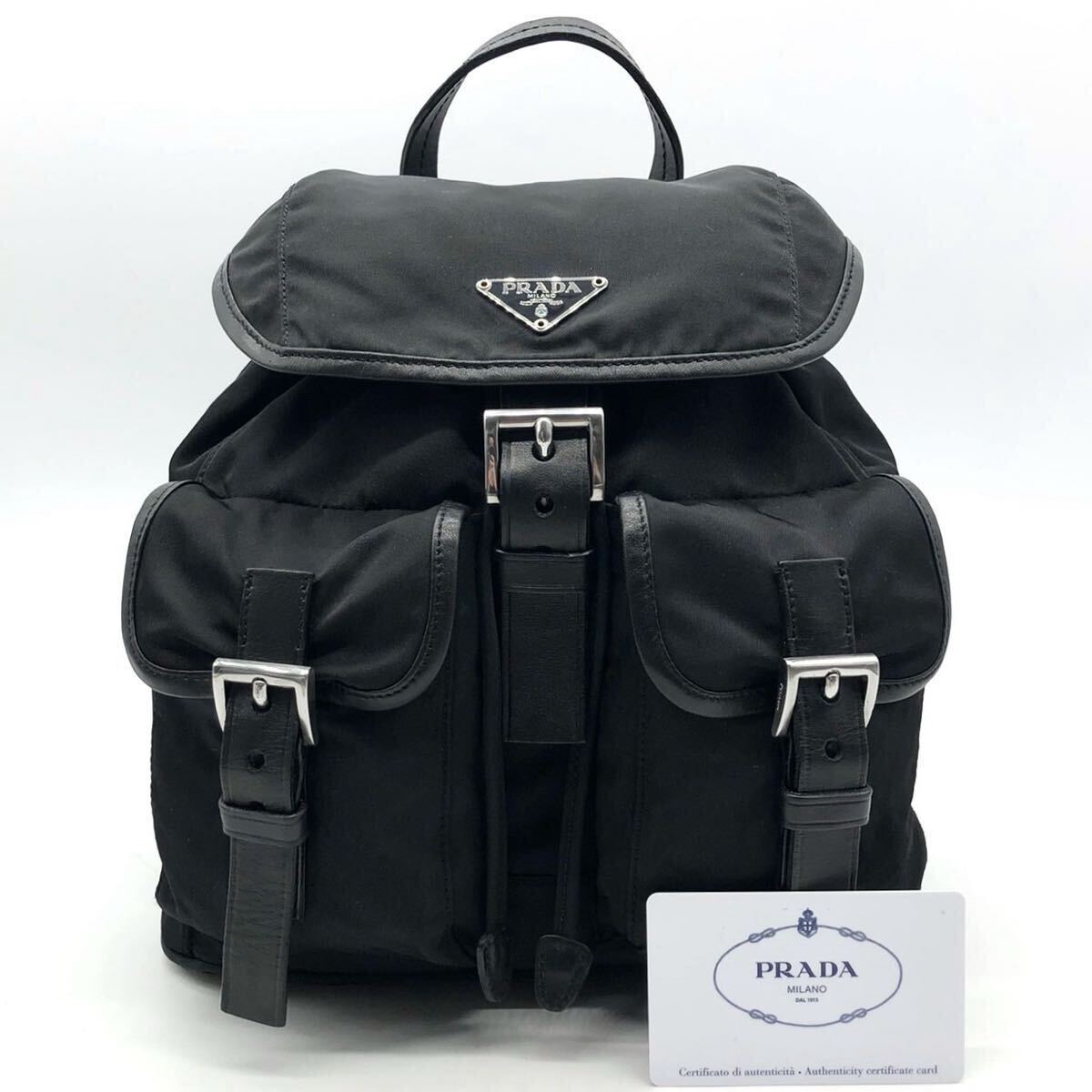 6520【美品】PRADA プラダ リュックサック バックパック 肩掛け 三角ロゴ シルバー金具 巾着 ベルト テスートナイロン レザー 本革 黒拍卖