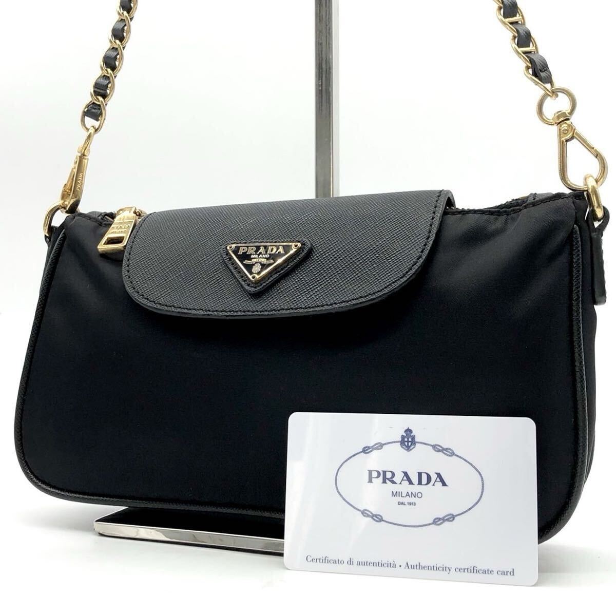 5258【極美品・近年モデル】PRADA プラダ チェーンショルダーバッグ 斜め掛け 三角ロゴ ゴールド金具 ナイロン サフィアーノレザー 1BH085拍卖