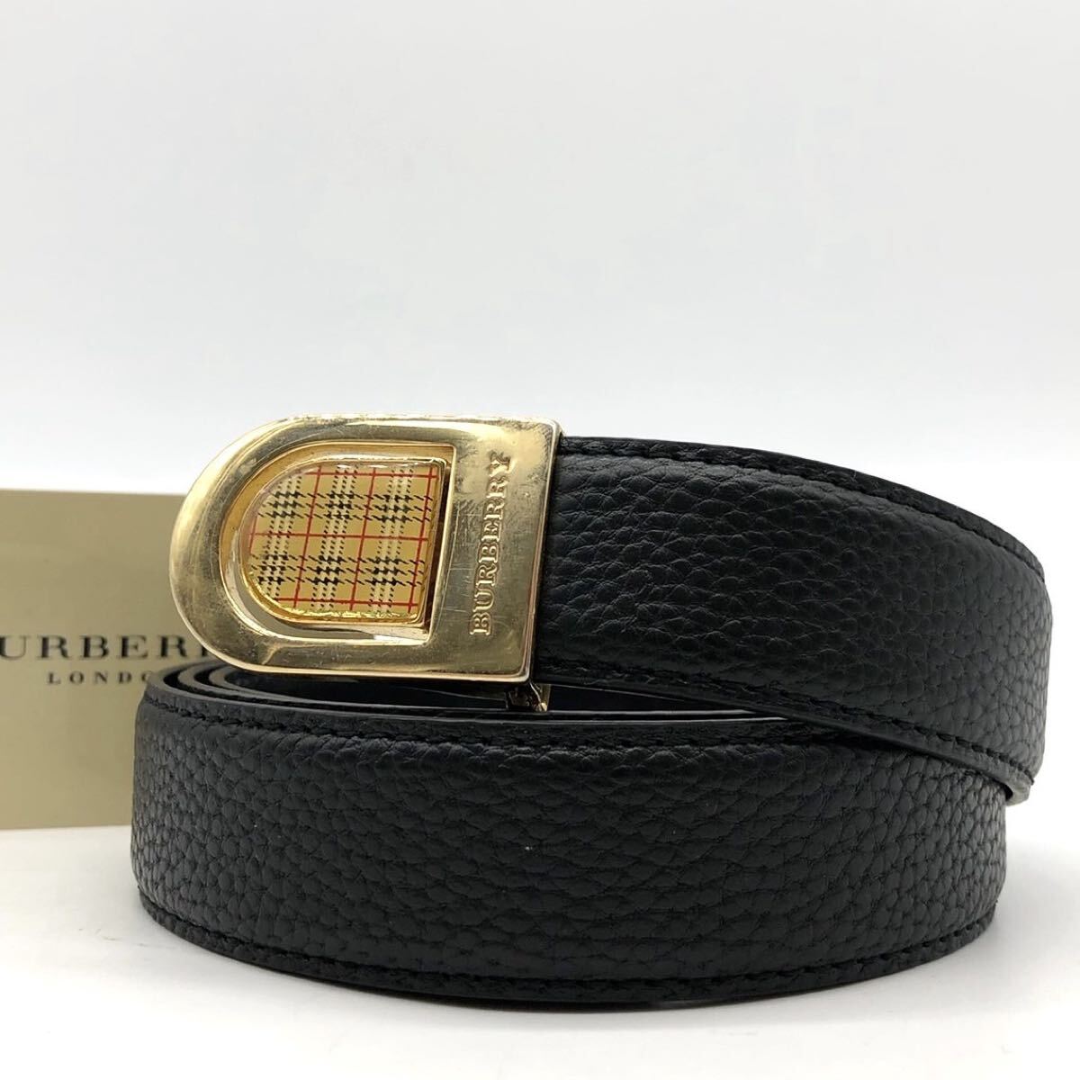 6528-3【希少・美品】BURBERRY バーバリー ベルト ビジネス フォーマル セレモニー バッグル ゴールド金具 ノバチェック ブラック メンズ拍卖