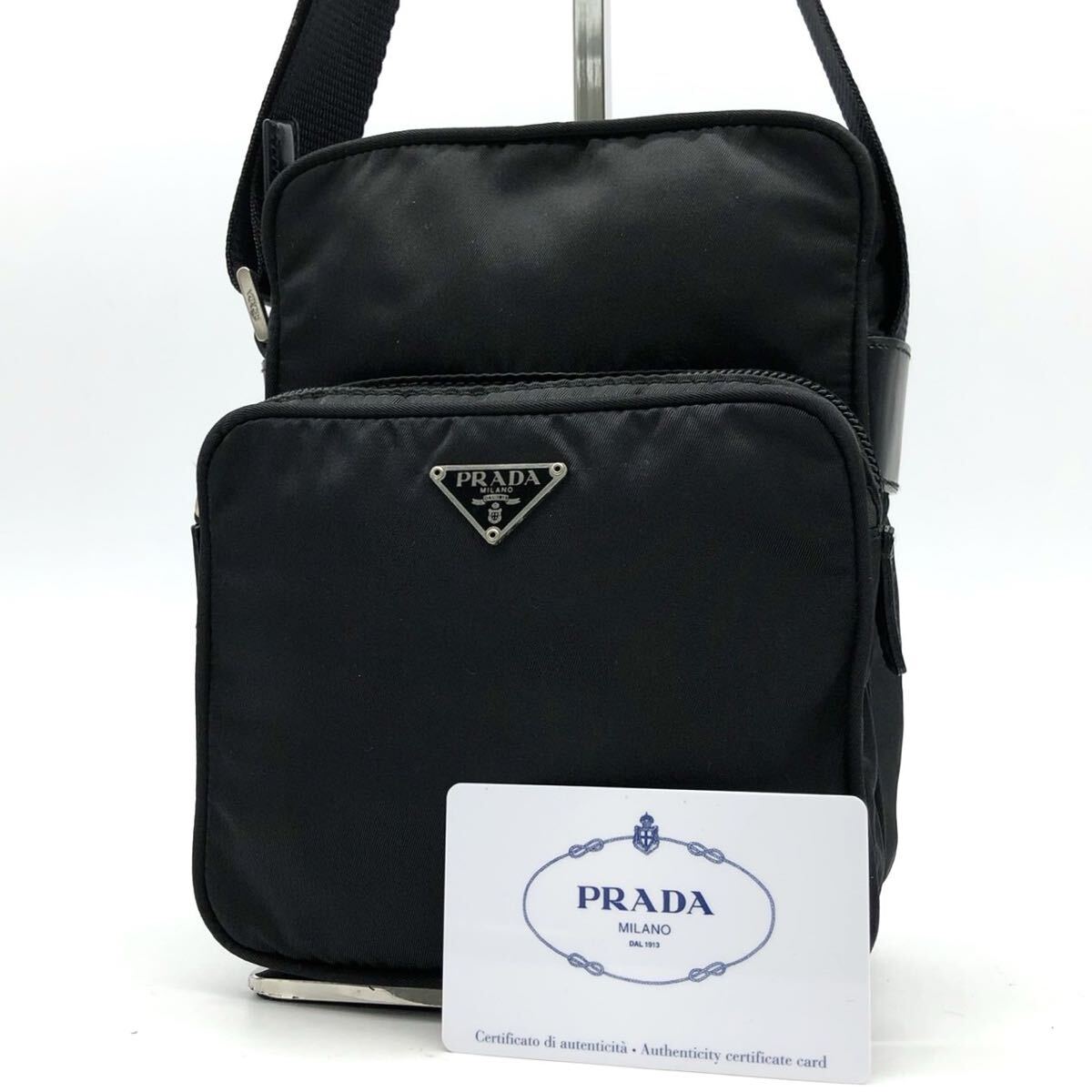 6544【極美品】PRADA プラダ ショルダーバッグ 斜め掛け アマゾン型 三角ロゴ シルバー金具 テスートナイロン レザー 本革 ブラック拍卖
