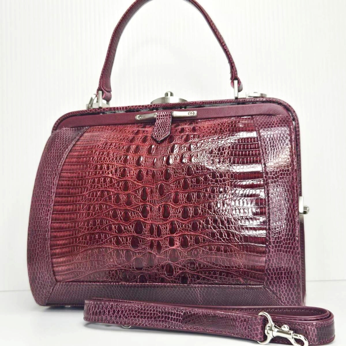 希少美品 ジャクルシー ワニトカゲ革 エキゾチックレザー フォーマルバッグ 2Way ショルダー バッグ 赤 レッド がま口 クロコ クロコダイル拍卖