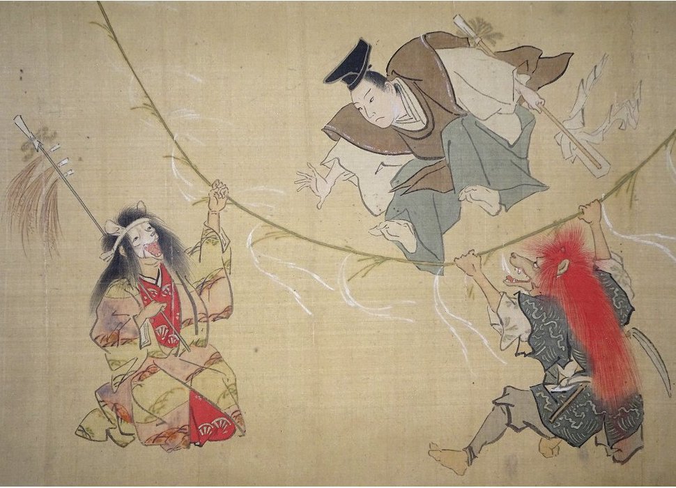 【掛け軸】 河鍋暁斎 「里神楽小鍛冶図」 真作 真筆保証 絹本 河鍋暁翠の箱書き 幕末明治浮世絵師 超絶技巧 天才絵師 奇行酒豪家拍卖