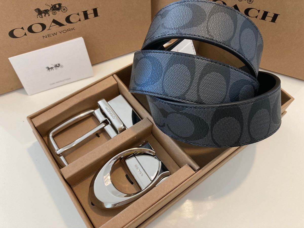 COACH コーチ 新品 ベルト シルバーバックル 回転可能 フリーサイズ シグネチャー 通勤通学 ビジネス 紳士拍卖