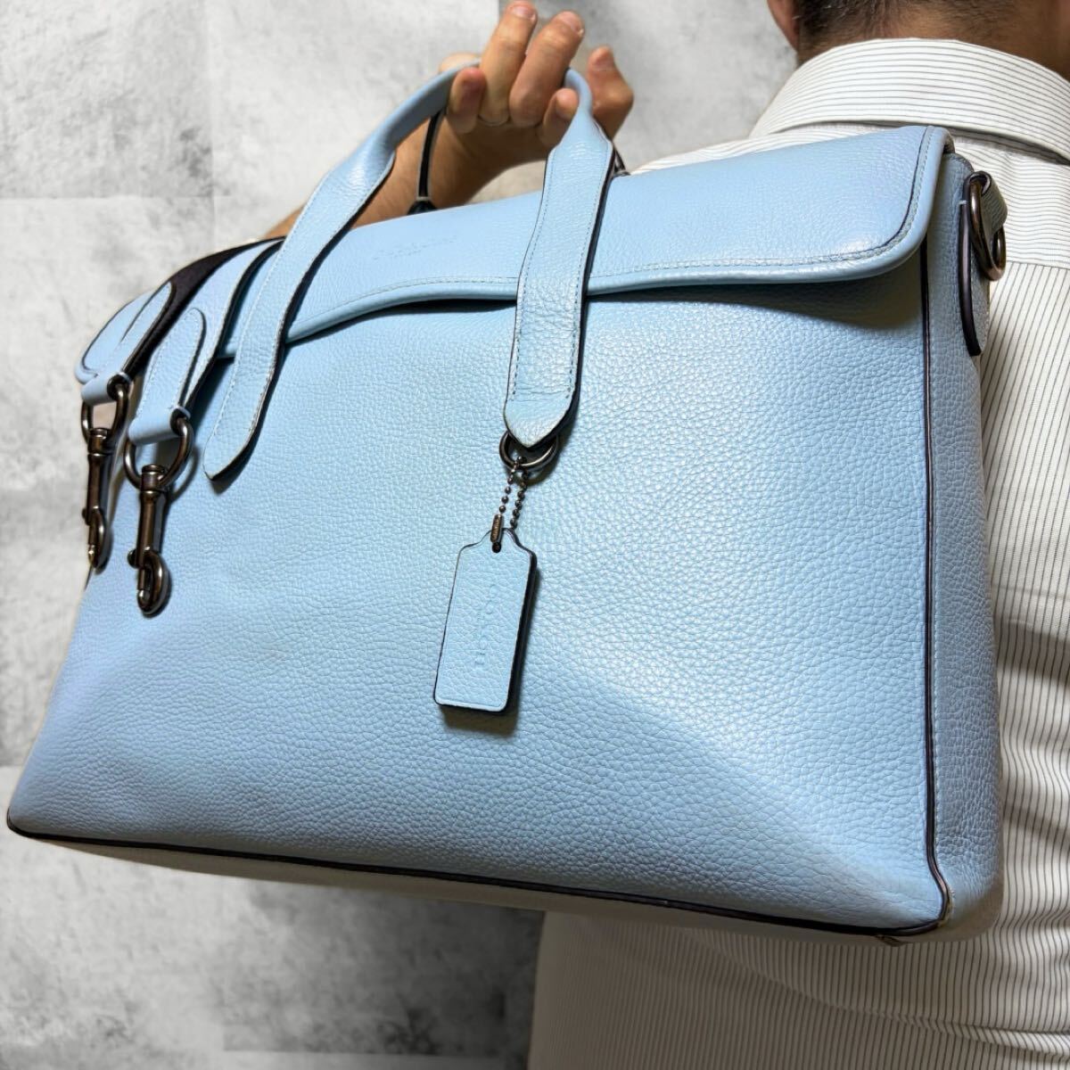 希少色/2way◎ コーチ COACH サリバン ポートフォリオ メンズ A4収納 ビジネスバッグ ブリーフケース スカイブルー 青 レザー シボ 本革拍卖