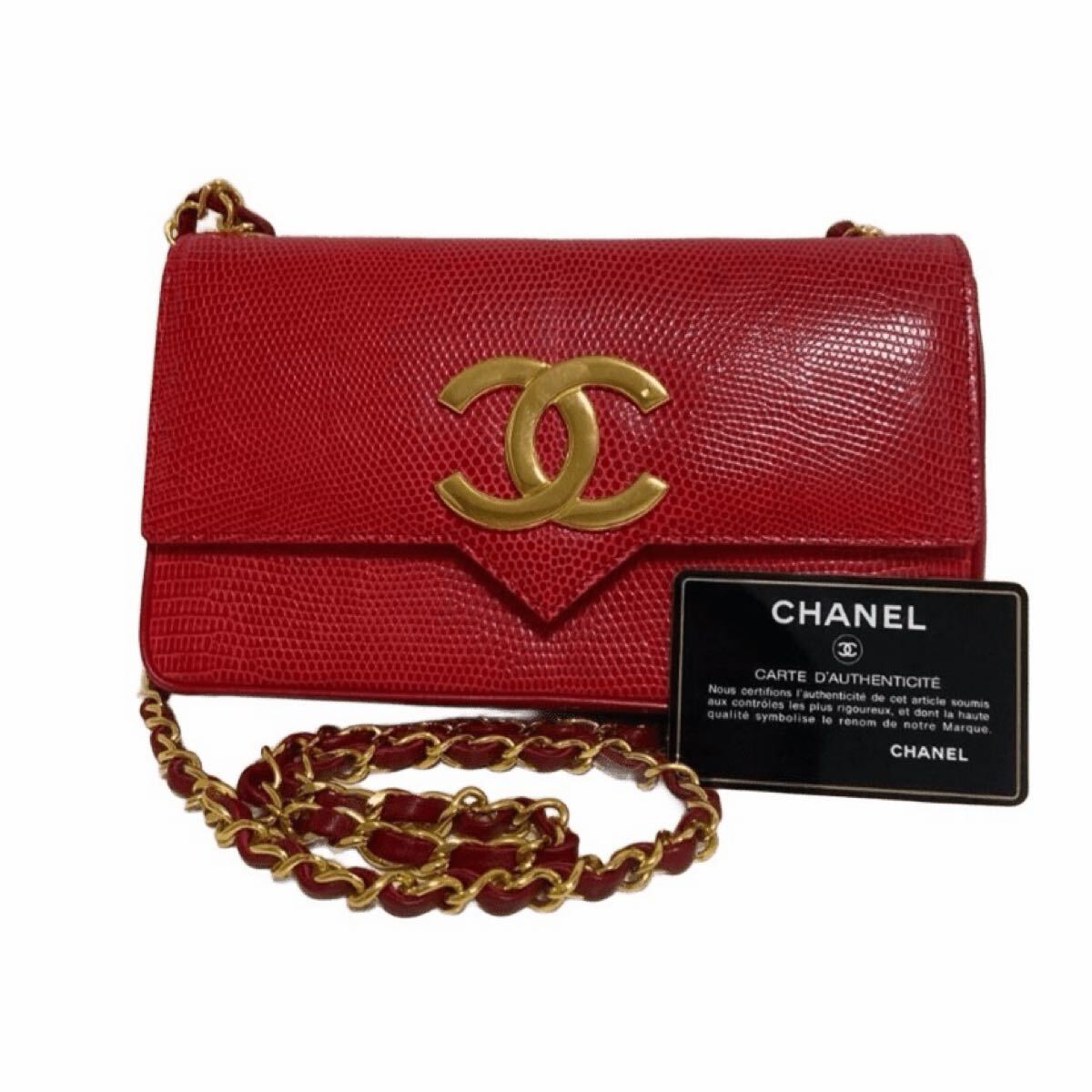 【希少】CHANEL シャネル ヴィンテージ リザード チェーンショルダーバッグ CCロゴ ゴールド金具 カード付き 1980年代 エキゾチックレザー拍卖