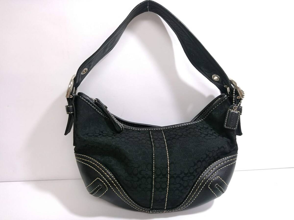 COACH コーチ ミニシグネチャー ワンショルダーバッグ 2154/ブラック/本革レザー×キャンバス/肩掛け/約16×26×5cm/06KO060301拍卖