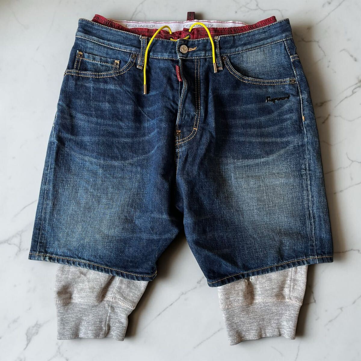 美品 希少モデル!L相当【DSQUARED2 ディースクエアード】スウェットレイヤードデニムハーフパンツ ショートパンツドッキング ボタンフライ拍卖