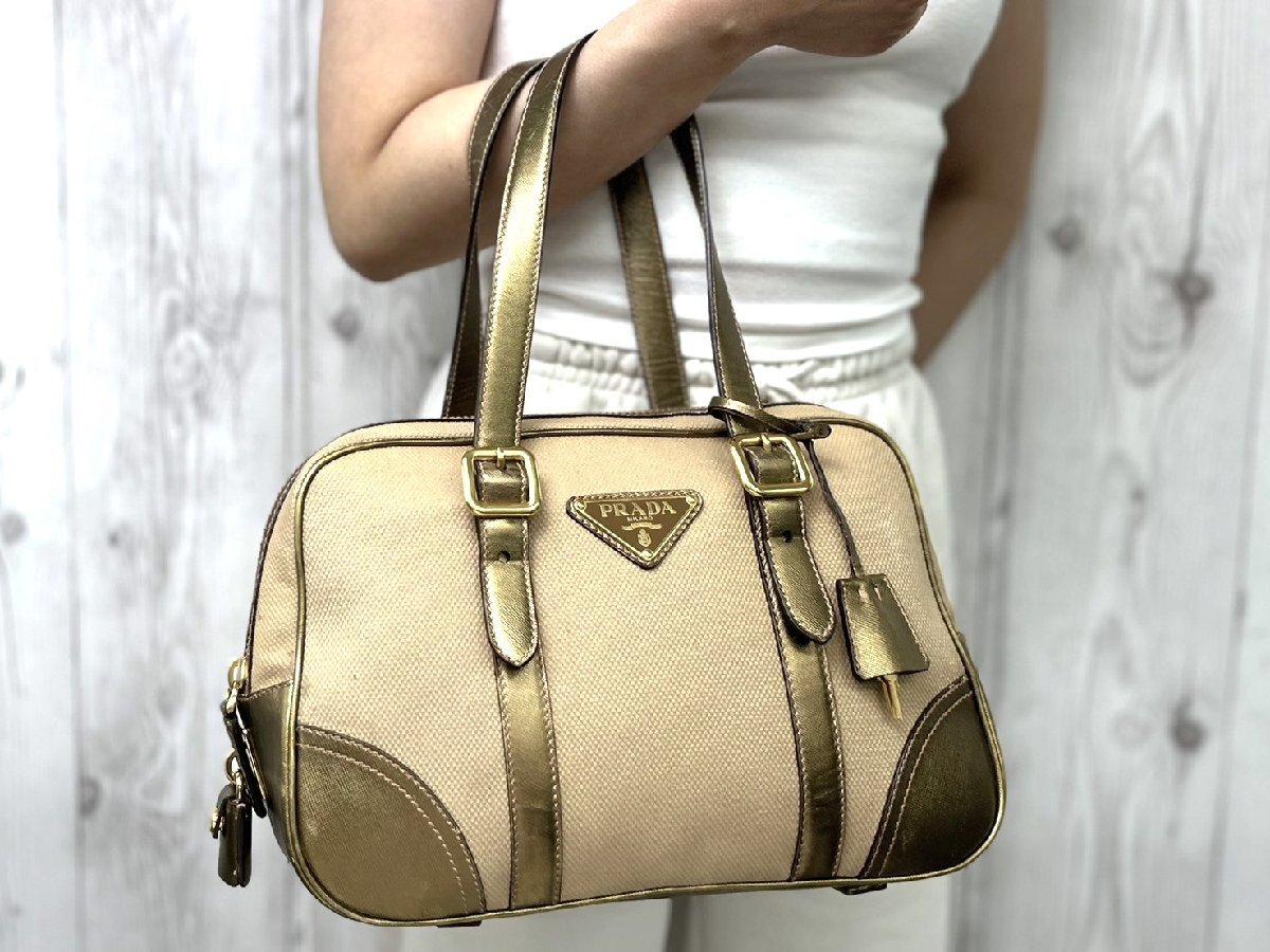 美品 PRADA プラダ デカロゴ 鍵カデナ付 ハンドバッグ ショルダーバッグ バッグ キャンバス×レザー ベージュ系 101559Y拍卖