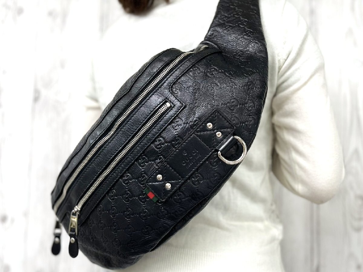 極美品 GUCCI グッチ GG柄 グッチシマ シェリーライン ボディバッグ ウエストポーチ バッグ レザー×キャンバス 黒 メンズ 101483Y拍卖