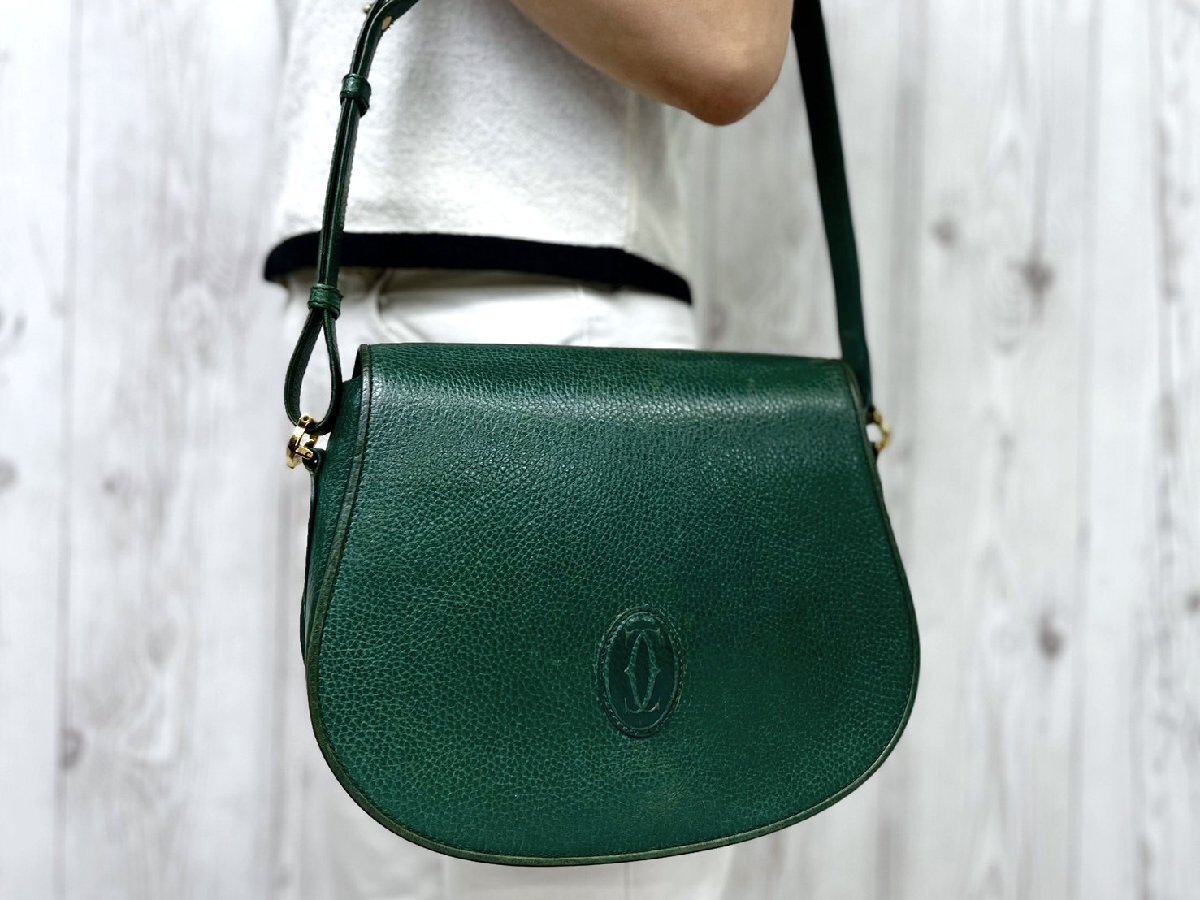 美品 Cartier カルティエ マストライン ハンドバッグ ショルダーバッグ バッグ レザー 緑 2WAY 101546Y拍卖