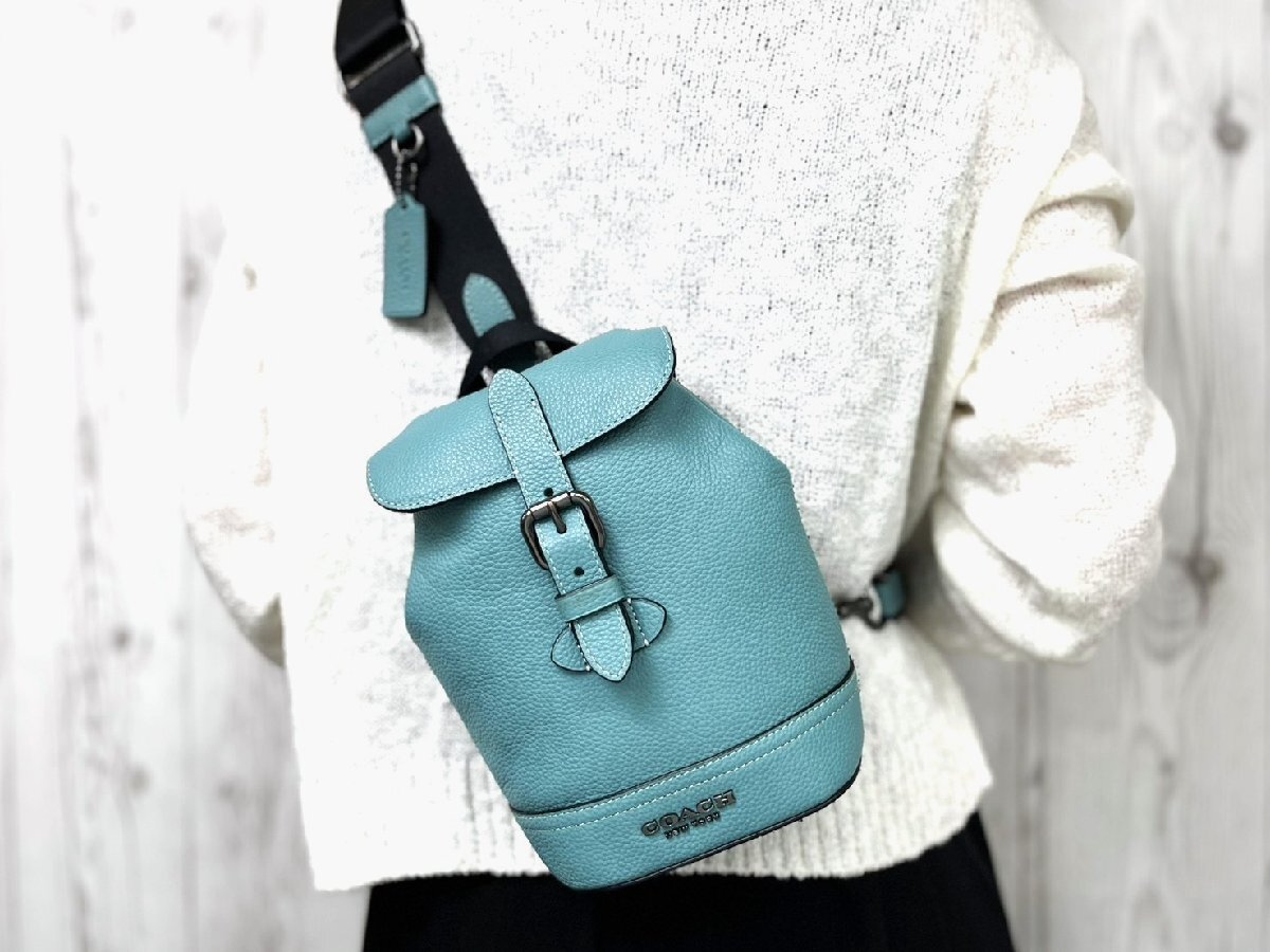 極美品 新品同様 COACH コーチ ハドソン スモール ボディバッグ ショルダーバッグ バッグ レザー×ナイロンキャンバス 水色 メンズ 100624拍卖