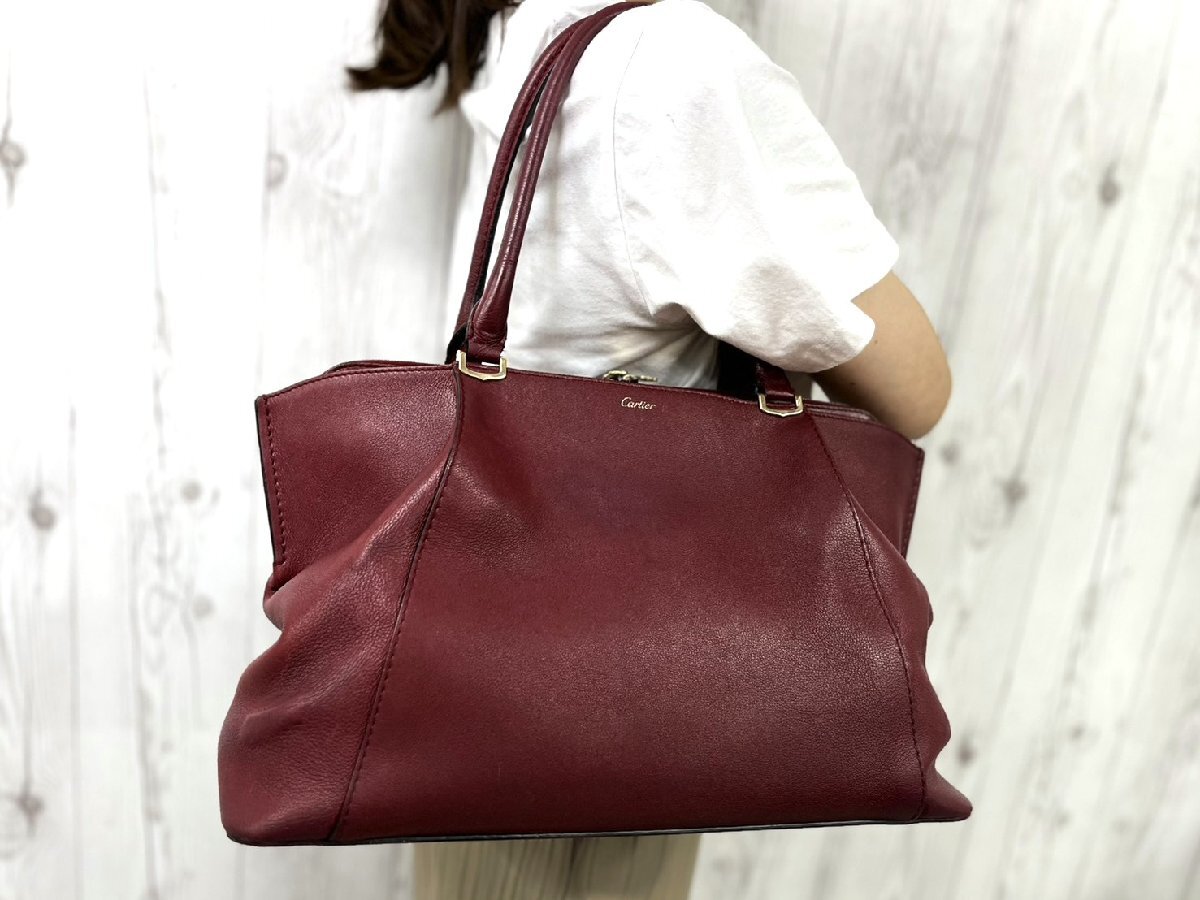 美品 Cartier カルティエ トートバッグ ハンドバッグ バッグ レザー ボルドー A4収納可 101446拍卖