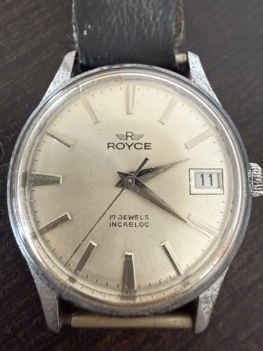 1円~ 稼働品 ROYCE ロイス 11-170 デイト 17石 手巻き メンズ 腕時計 ヴィンテージ アンティーク スイス製 シルバー 耐磁 防水★7336拍卖