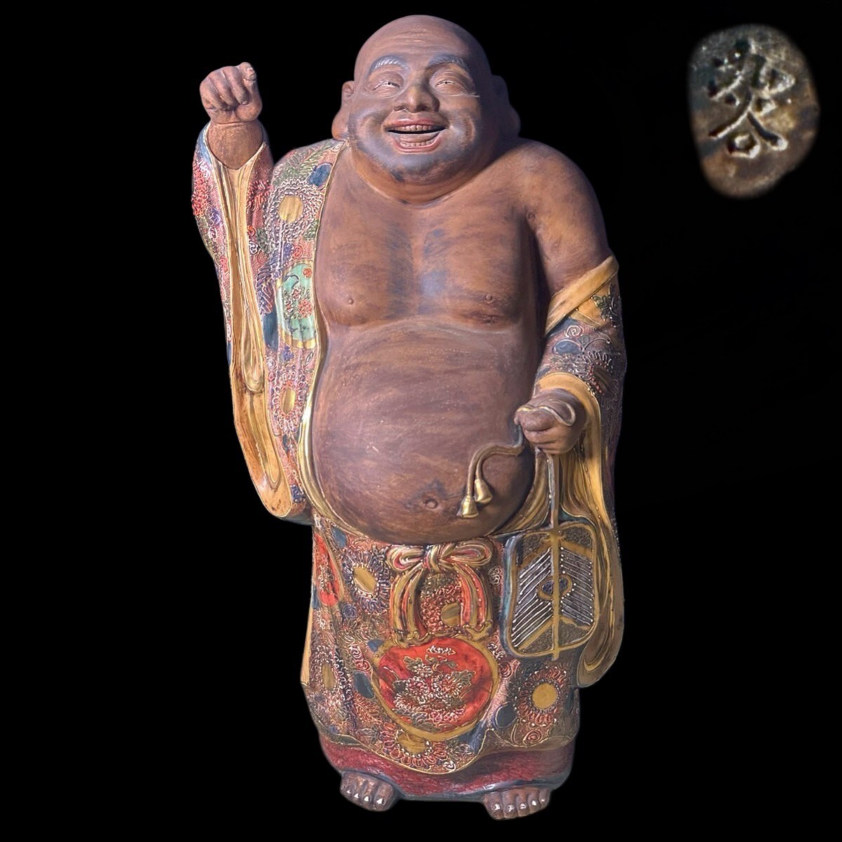 九谷焼布袋尊金彩 縁起物 時代物 色絵 古美術品 置物特大高さ約75cm重さ約20.8kg拍卖
