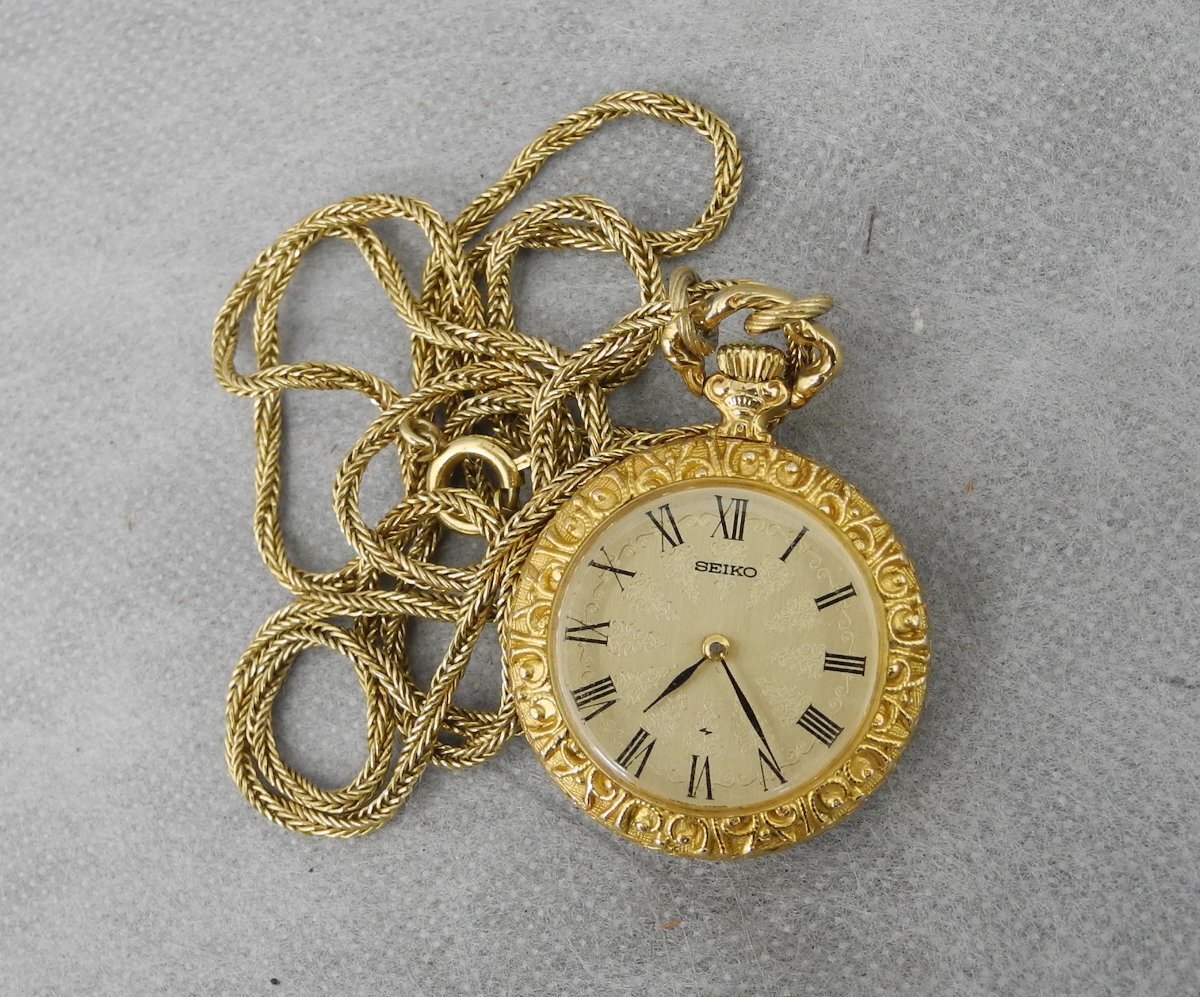 SEIKO Vintage Pocket Watch 28mm Hand-Wound Watch セイコー提げ時計 ペンダントウォッチ 手巻き 11-1350 ヴィンテージ 中古 金メッキ拍卖