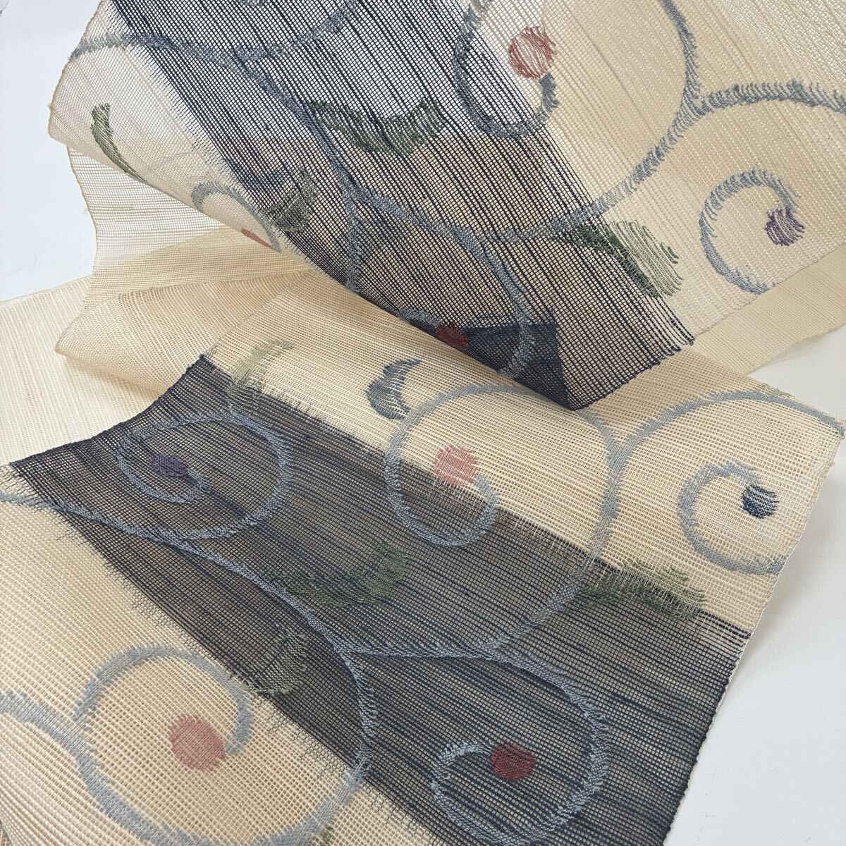 逸品 夏帯 名古屋帯 正絹 紗紬 唐草の織出し 八寸 着物 F-12648拍卖