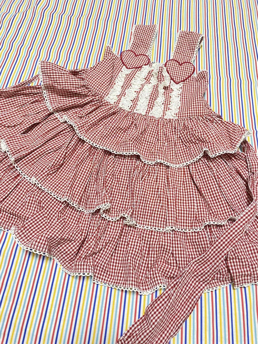美品!シャーリーテンプルShirleyTemple☆ジャンパースカートワンピース☆サイズ110(100〜)☆ギンガムチェックフリル☆赤☆検メゾピアノ拍卖