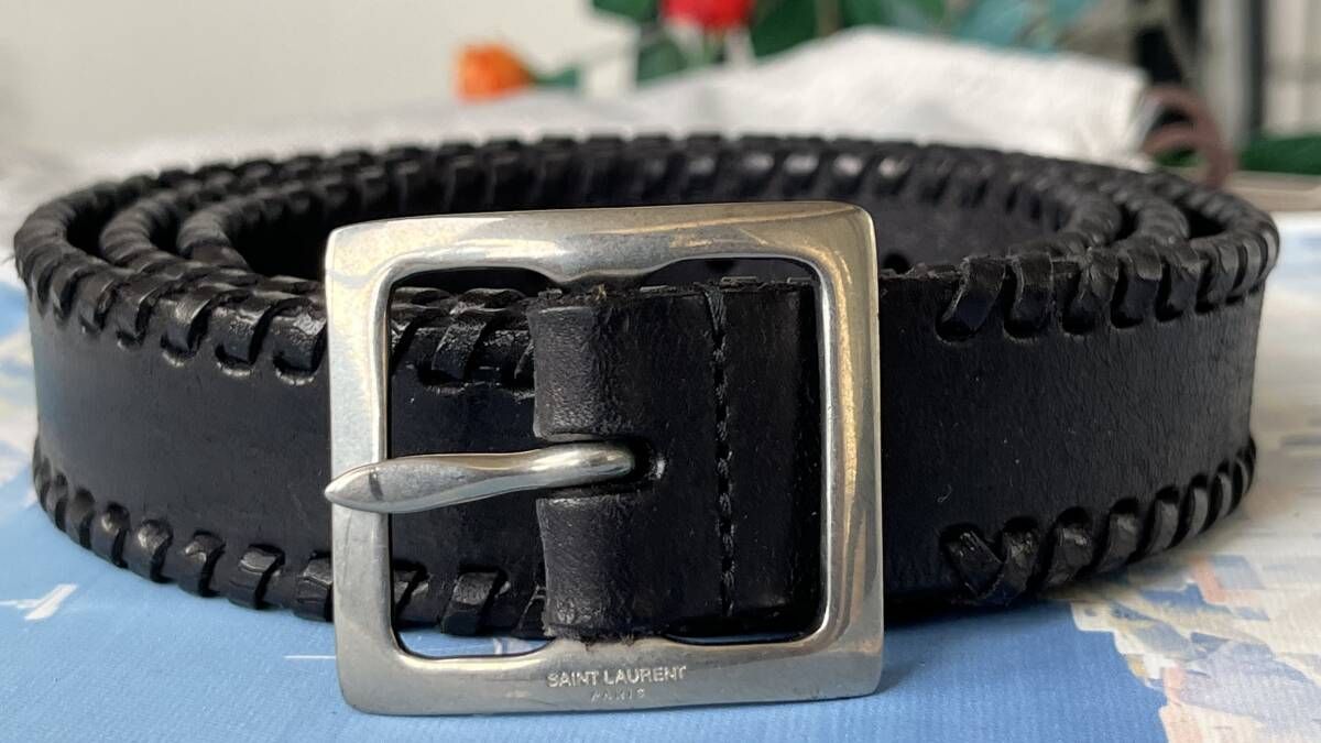 未使用 SAINT LAURENT PARIS サンローランパリ エディ期 編み込み加工 レザーベルト シルバーバックル メンズレディース ユニセックス拍卖