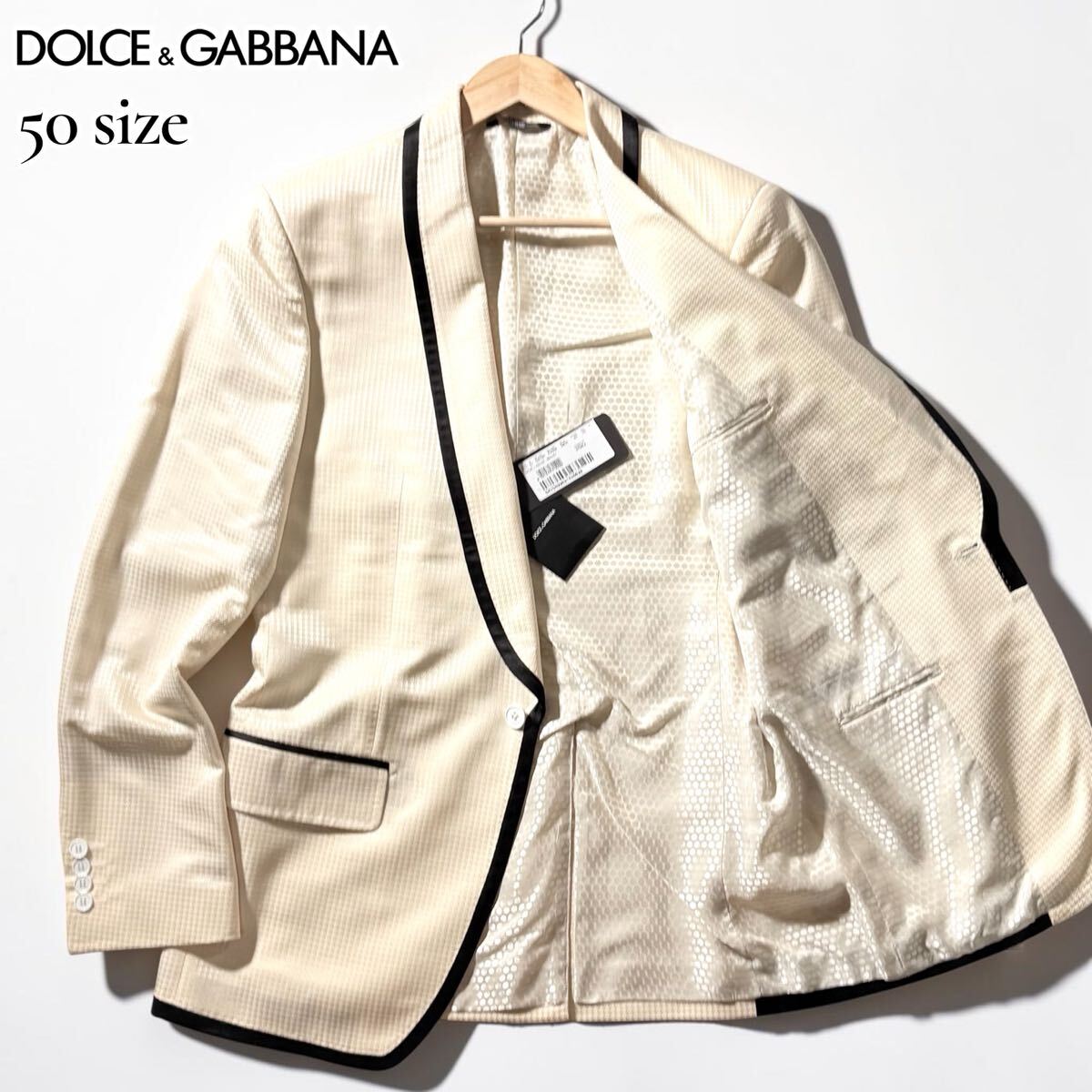 新品タグ付き/Lサイズ●極上 DOLCE&GABBANA ドルチェ&ガッバーナ シルク混 テーラードジャケット タキシード 千鳥柄 総柄 裏地ドット柄拍卖