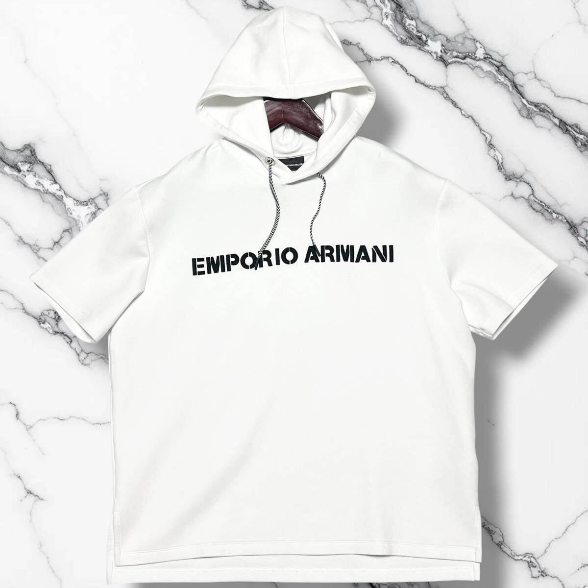 美麗品◎XLサイズ!!エンポリオアルマーニ【爽やかな装い!!】EMPORIO ARMANI ロゴ スウェット 半袖 パーカー Tシャツ ホワイト 春夏◎メンズ拍卖