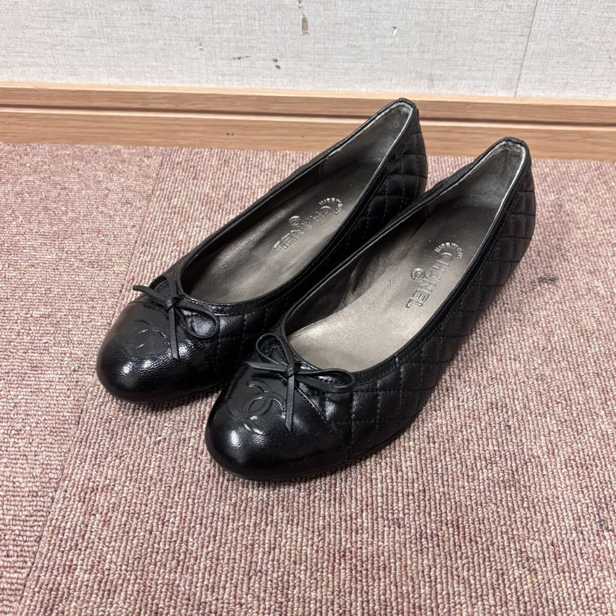 CHANEL シャネル バレリーナ マトラッセ キルティング フラット レザー シューズ パンプス ココマーク ブラック リボン 黒 サイズ37拍卖