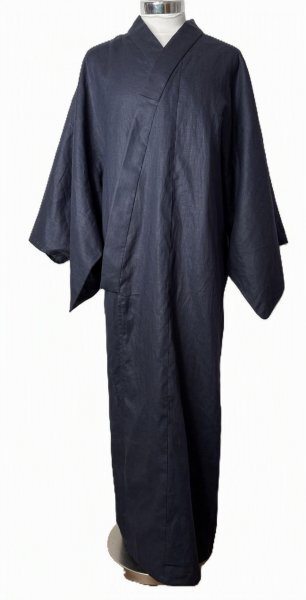 Men's Kimono 男物着物 麻86%綿14% 濃藍色 リネンコットン 単衣仕立て 裄75cm 一点物 LUSHIAN工房1000円〜(a7683)拍卖