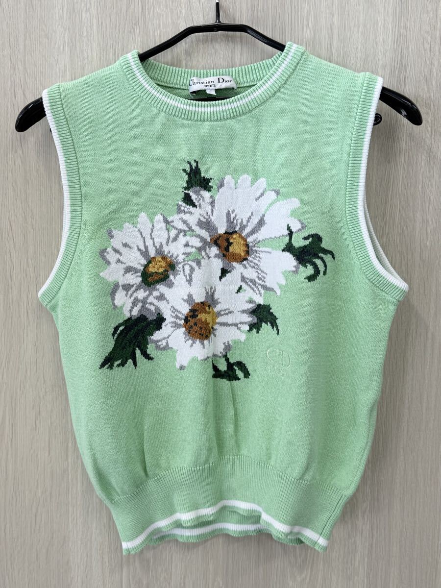 Christian Dior SPORTS ディオールスポーツ 花柄 ニットベスト Lサイズ グリーン フラワー刺繍 ロゴ コットン100% レディース 現状品拍卖