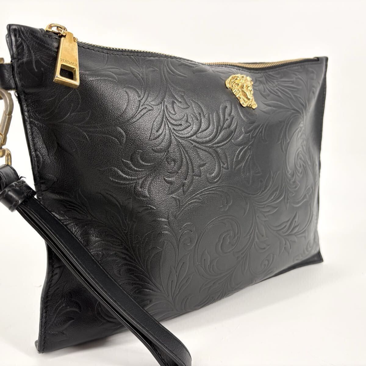 希少/美品!!! Versace ヴェルサーチ メデューサ セカンドバッグ クラッチ エンボス加工 型押し 金具 ブラック 黒 ビジネス メンズ 拍卖