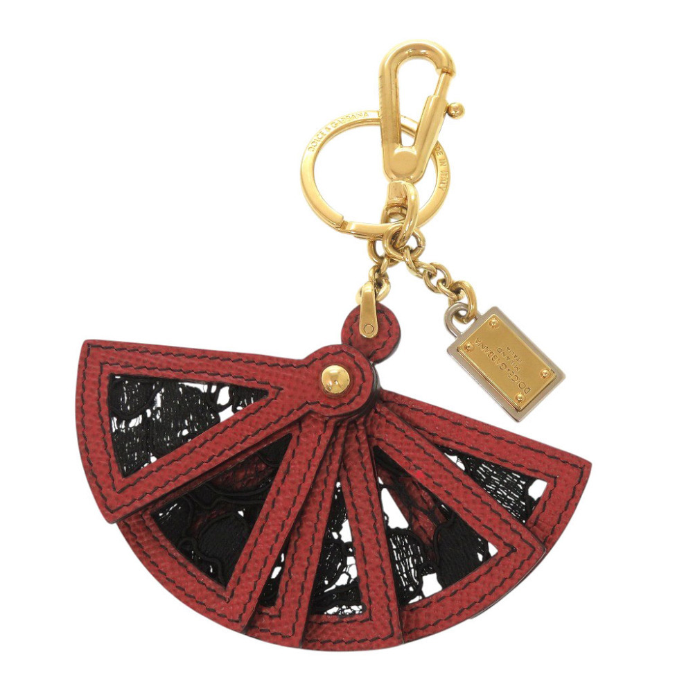 美品 ドルチェアンドガッバーナ 扇子モチーフ メタル レザー レッド ブラック キーホルダー 0708 DOLCE&GABBANA拍卖