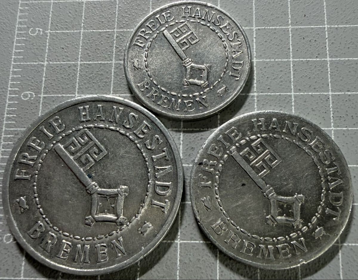 1924年ドイツ自由ハンザ都市ブレーメン 鍵 コイン 3枚セット 古銭 外国硬貨 5.10.20ペニヒアルミ貨幣 外国コイン 海外貨幣拍卖