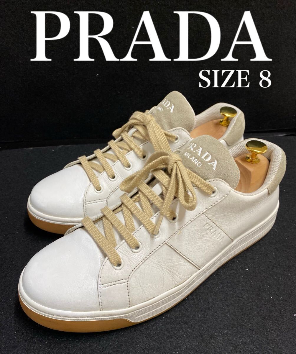 プラダ スニーカー メンズ ホワイト 8 ベージュ PRADA レザー シンプルスニーカー 27cm拍卖