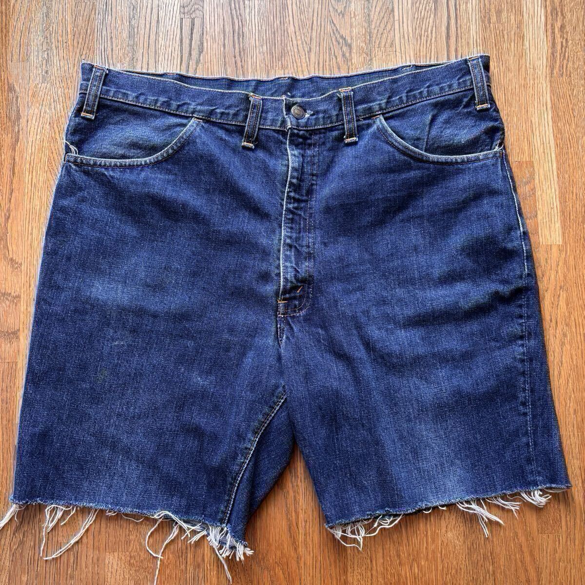 70's Vintage Levi's 646 66 Singleカットオフ デニムショーツ ビンテージ ポケット裏シングル 42TALON ボタン裏4 実寸W39 脇割り拍卖