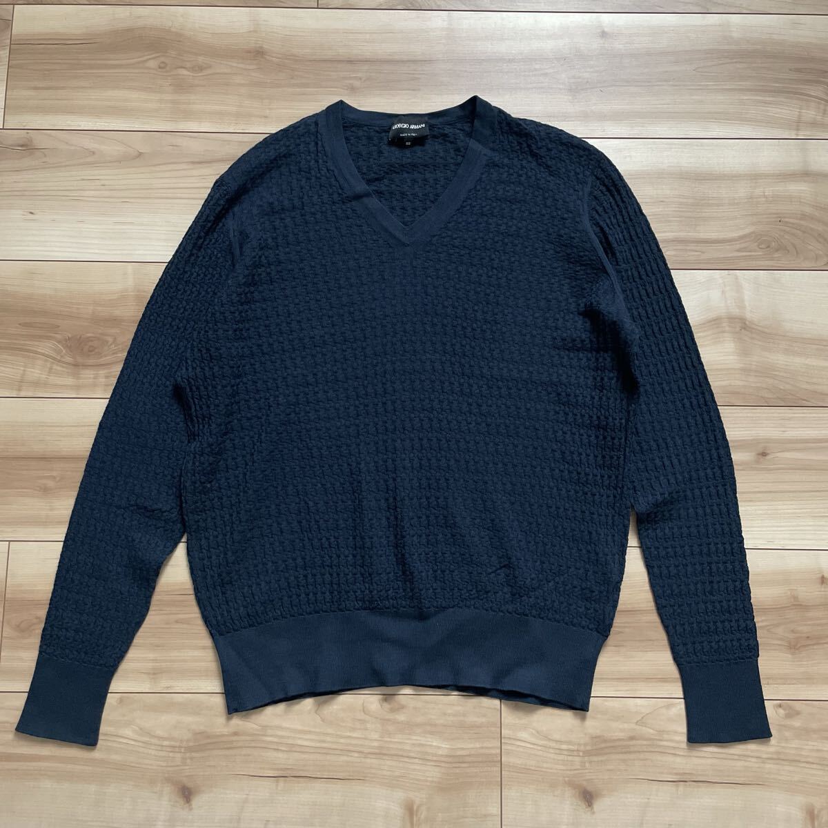【送料無料】GIORGIO ARMANI ジョルジオアルマーニ 黒ラベル ファーストライン Vネック ワッフル ニットセーター 紺 50拍卖