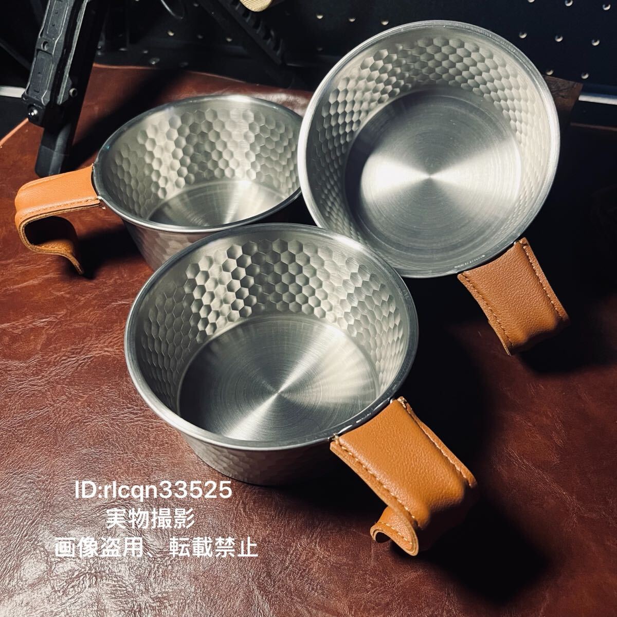 超激レア 高品質 シェラカップ 3点セット 革製ハンドル 350ml ステンレス製 アウトドア 野外登山 キャンプ 調理器具拍卖