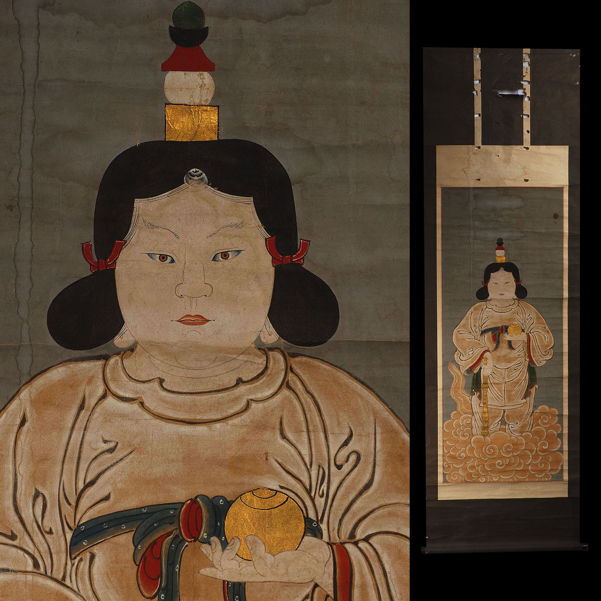 【真作】A_XO98_10 旧家初出 時代 雨宝童子 細密 肉筆 紙本 掛軸 / 仏教美術 仏画 仏像 古画 古筆 釈迦 如来 中国古玩拍卖