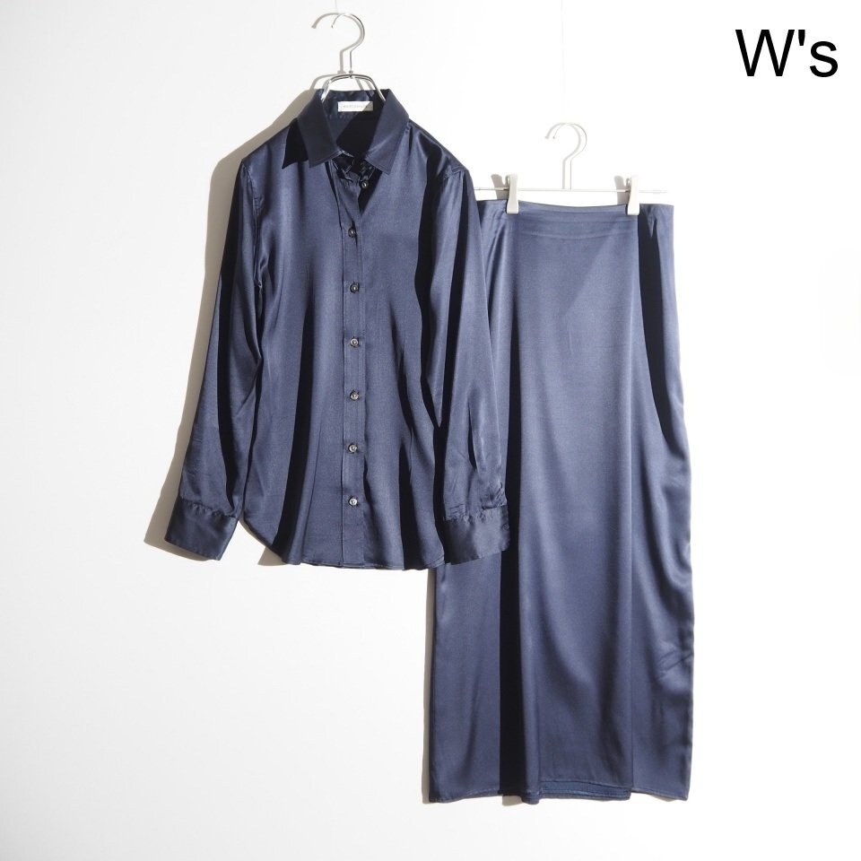 R2206h6 ▼MADISON BLUE マディソンブルー▼ ストレッチシルクサテン シャツ スカート セットアップ ネイビー 01/S ブラウス 春夏 mks拍卖