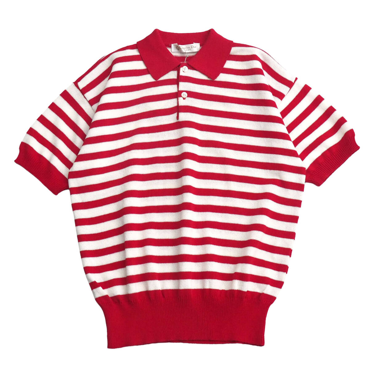 MJ3090▽ヴィンテージ Christian Dior SPORTS クリスチャンディオールスポーツ メンズM ボーダー コットンニット ポロシャツ レッド系拍卖