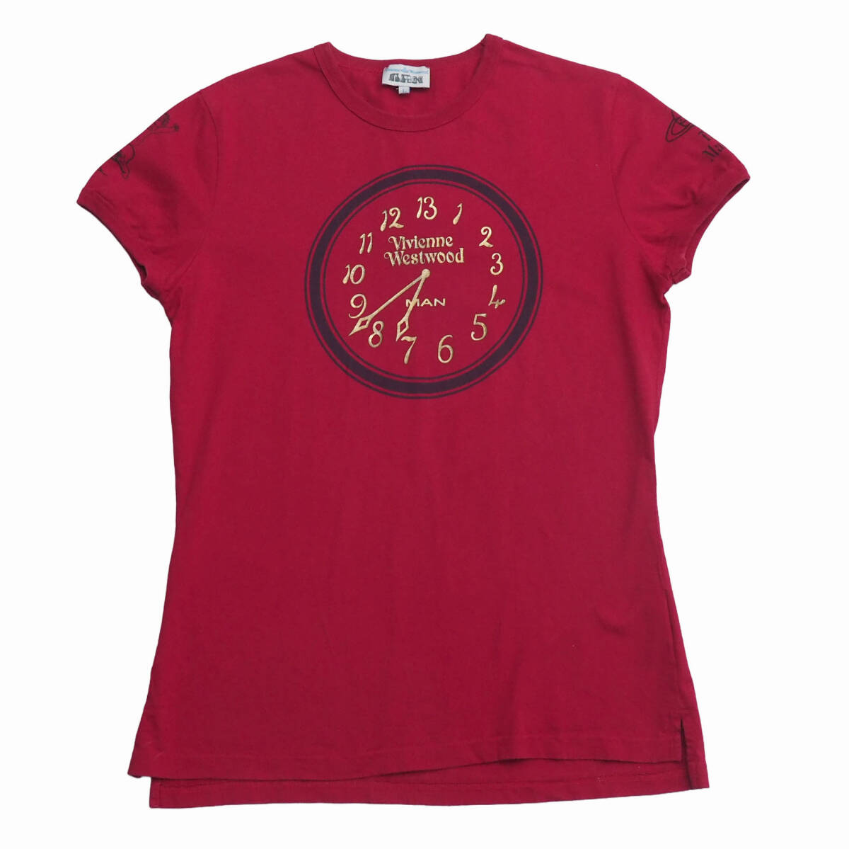 MJ3085◇イタリア製 Vivienne Westwood MAN ヴィヴィアンウエストウッドマン 時計 クロックプリント 半袖 Tシャツ サイズL レッド系拍卖
