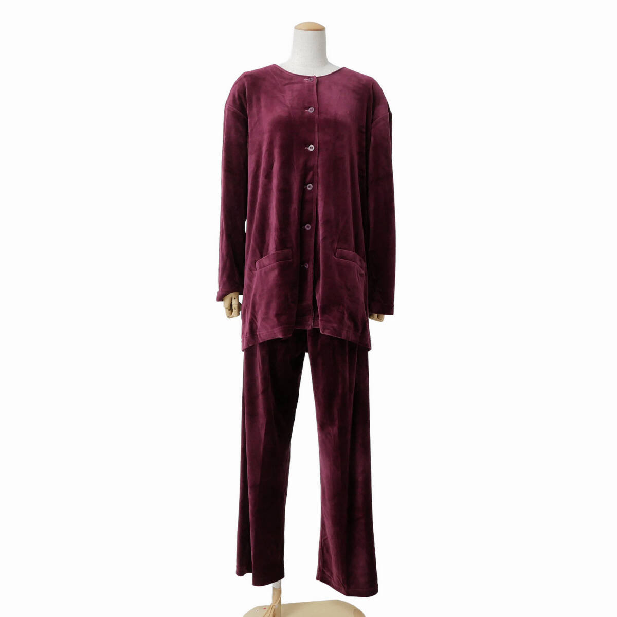 GT5769★CELINE セリーヌ デッドストック ヴィンテージ ストレッチベロア パジャマ シャツ パンツ ボルドー系 サイズL拍卖