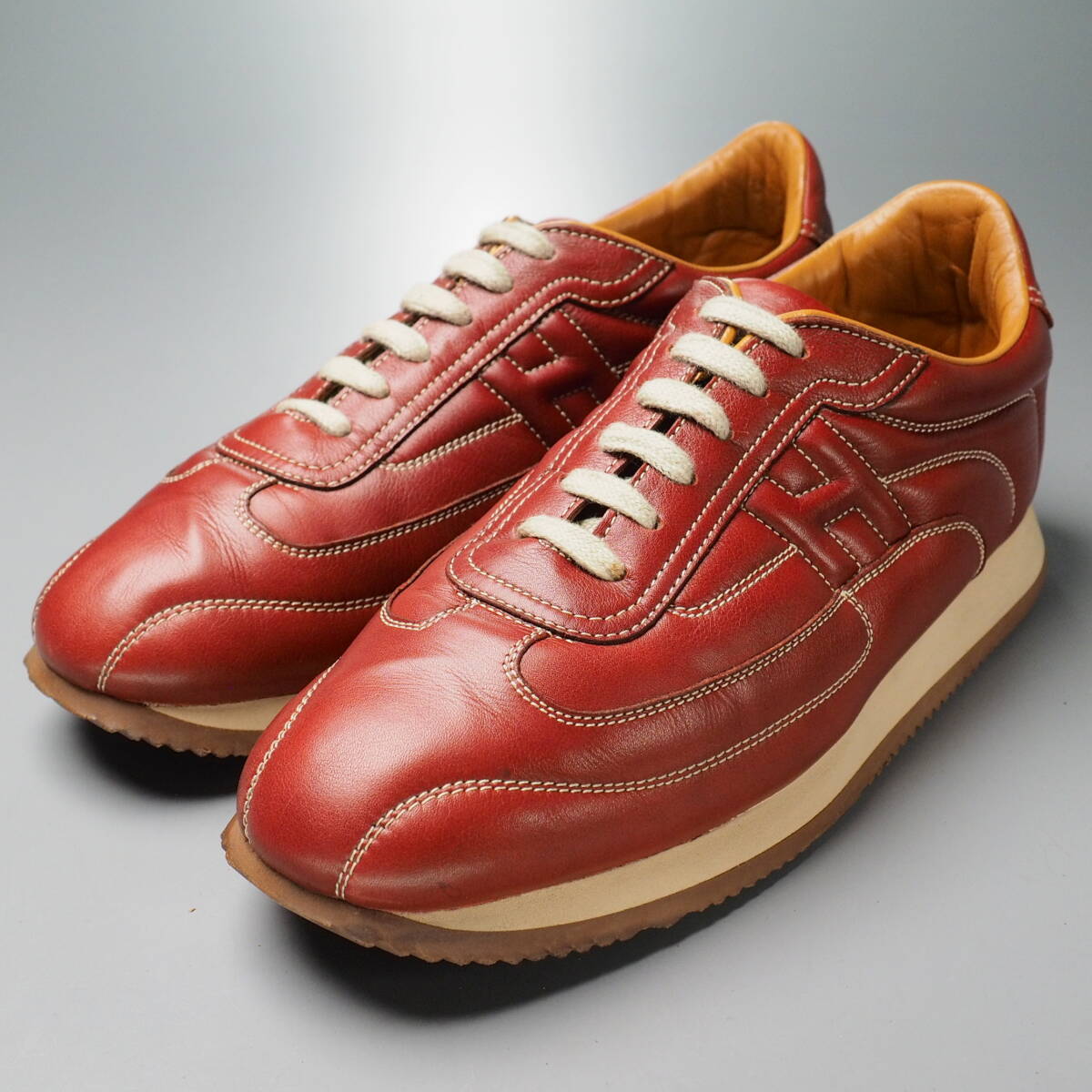 GT6118//イタリア製*エルメス/HERMES*メンズ41/Hロゴ/レザースニーカー/ローカット/靴/赤/レッド拍卖