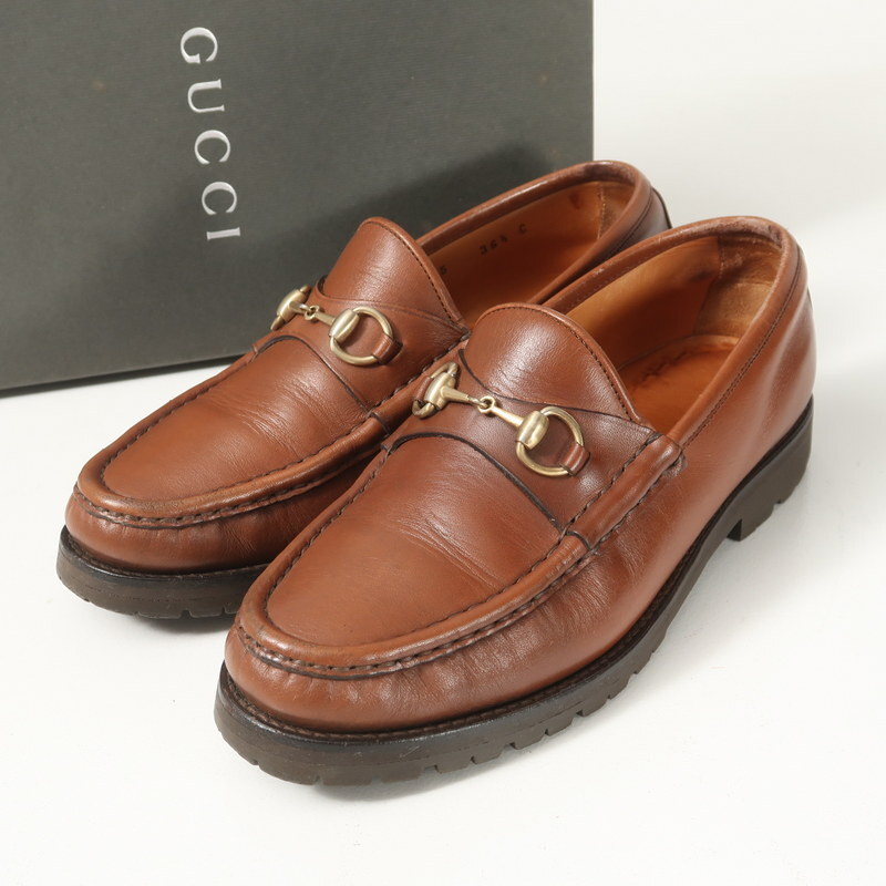 GT5893▼イタリア製 グッチ GUCCI*101 6105 レザー ホースビットローファー スリッポン 6.5C(23.5cm相当) 靴 ブラウン系拍卖