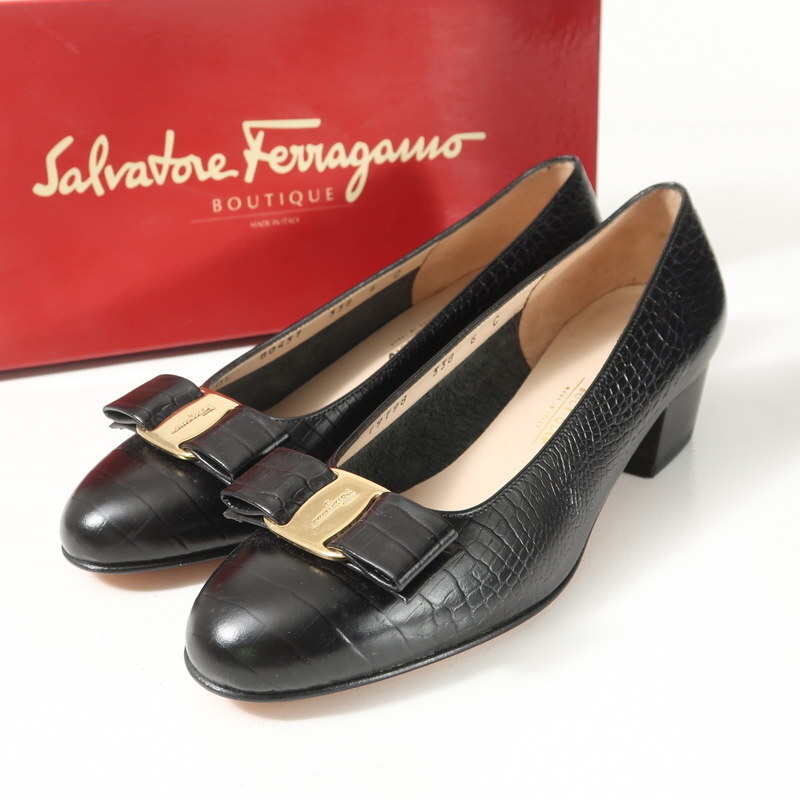 GT5581▼イタリア製 サルヴァトーレフェラガモ ヴァラリボン クロコ型押しレザー パンプス サイズ6C 靴 ブラック拍卖