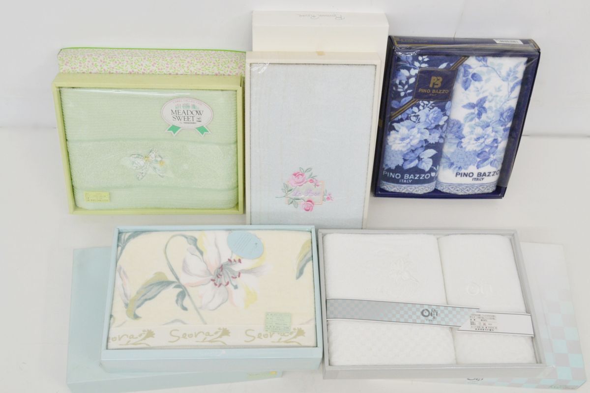 (1450L 0603K6) 1円~ 未使用 タオル 5箱セット フェイスタオル グリーン ブルー 花柄 ホワイト 浴用タオル まとめて拍卖