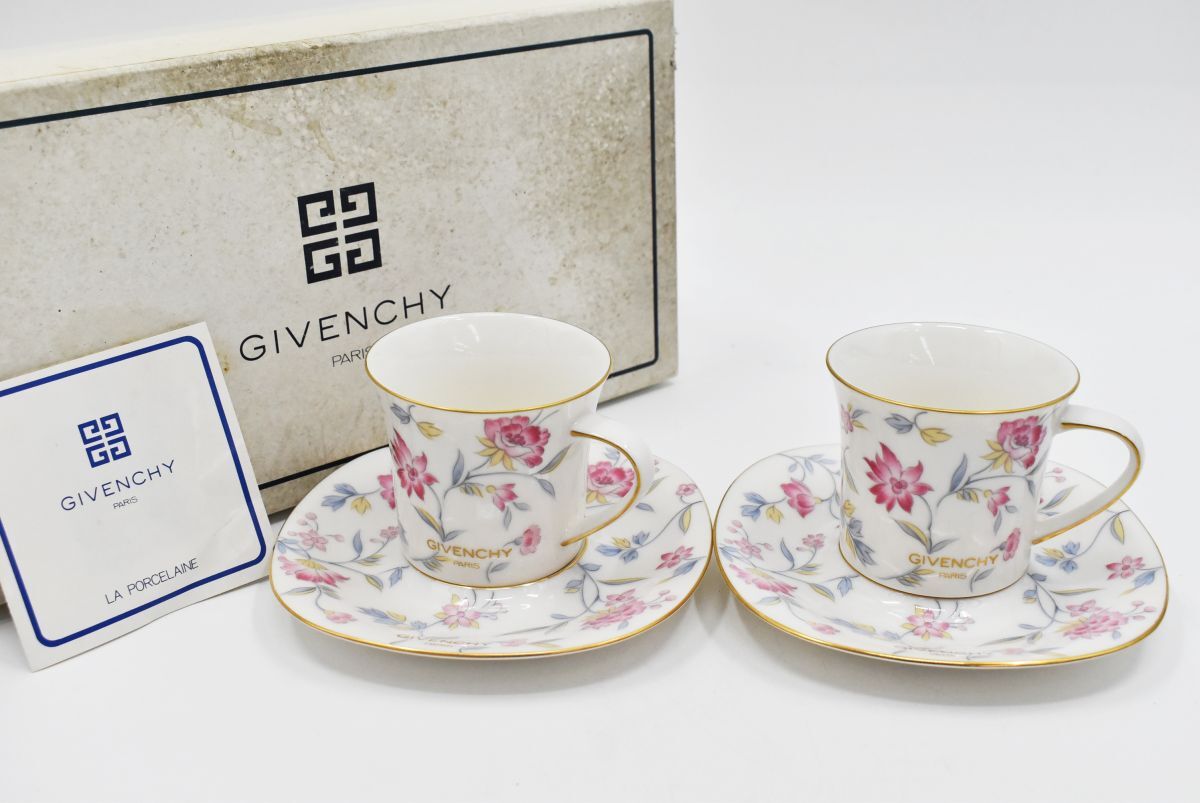 (1460S 0615T10)1円~ 未使用 GIVENCHY ジバンシー ペアーコーヒーセット カップ&ソーサー 2客セット 花柄 食器 茶器拍卖