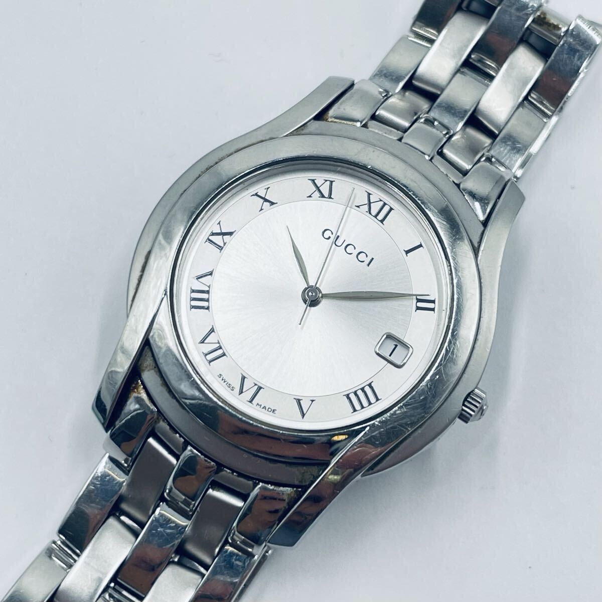 GUCCI/グッチ 5500M Gクラス クォーツ ローマンインデックス デイト シルバー文字盤 SS 3針 メンズ 腕時計 スイス製 S-15747拍卖