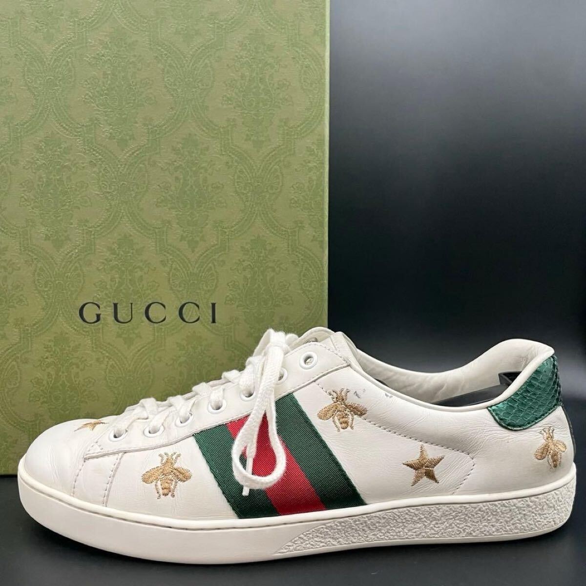 1円【美品】GUCCI グッチ ACE エース スニーカー ローカット シェリーライン BEE ビー メンズ シューズ 靴 レザー ホワイト 白 26cm相当拍卖
