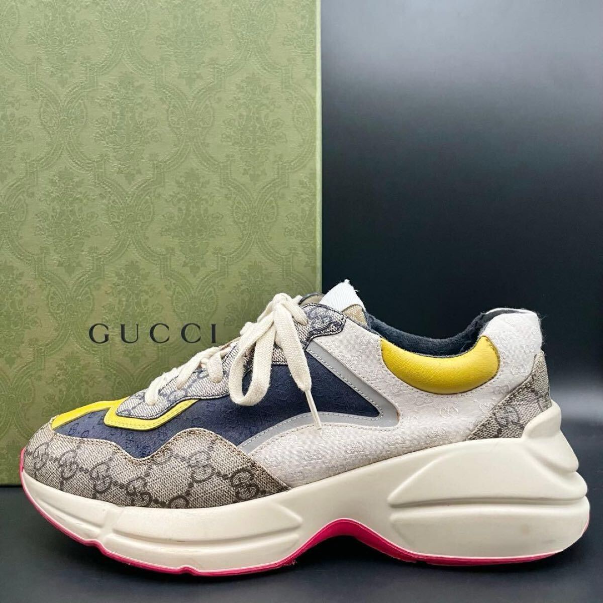 1円【王者の風格】GUCCI グッチ ライトン スニーカー シューズ 靴 GGスプリーム PVC レザー メンズ RHYTON ベージュ サイズ26.5cm相当拍卖
