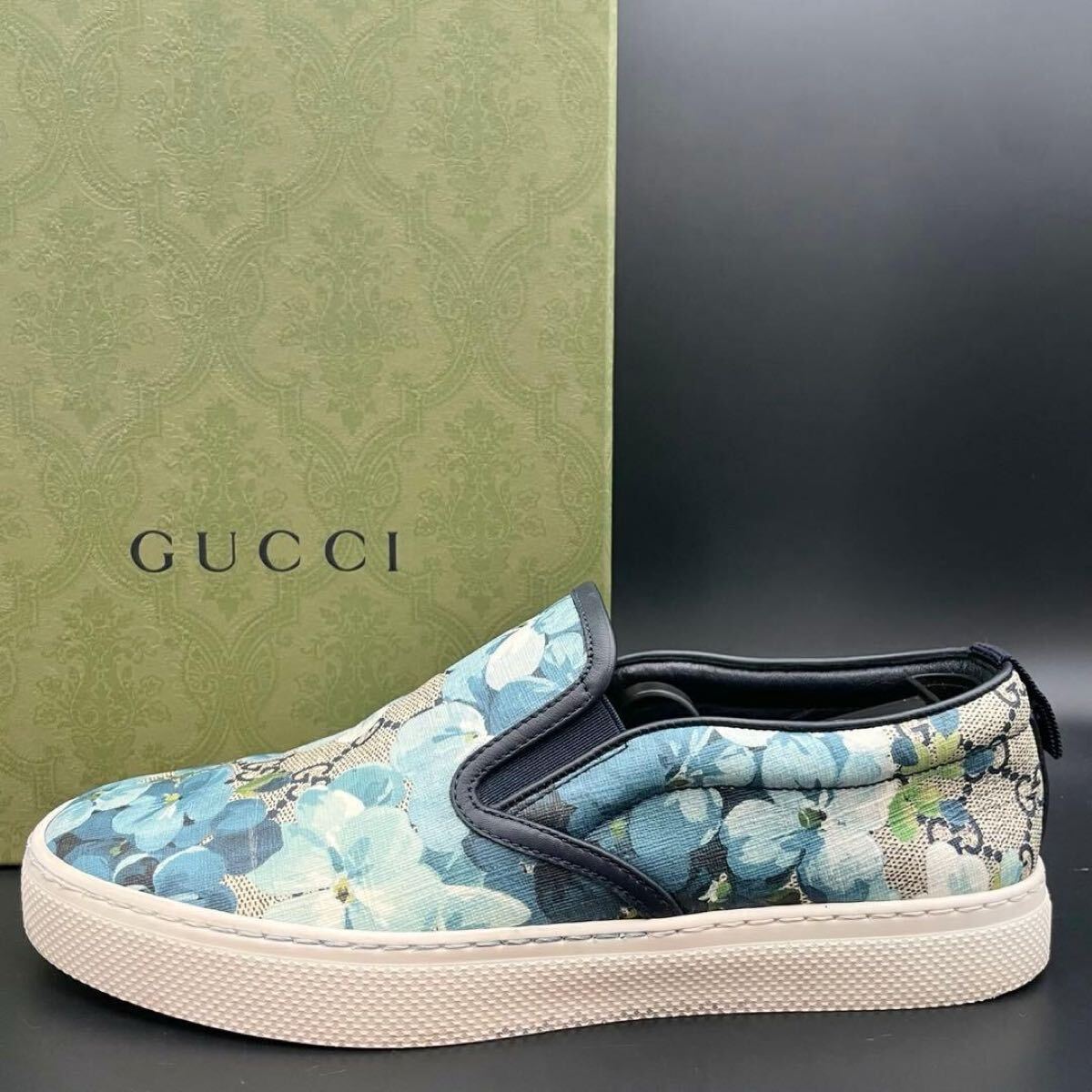 1円【美品】GUCCI グッチ スニーカー スリッポン GGスプリーム ブルームス 花柄 PVC レザー メンズ ブルー グレー 青 灰色 靴 25cm相当拍卖