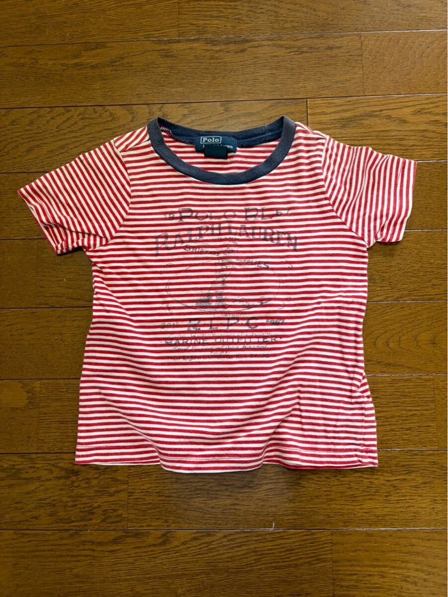 ポロラルフローレン 半袖Tシャツ 18M 85-90 ボーダー 赤×白 ネイビー 紺 リブ ロゴプリント ベビー服 キッズ 男の子 女の子 n70拍卖