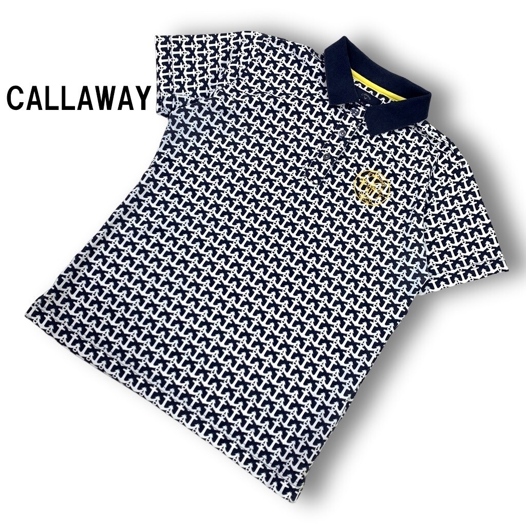 CALLAWAY キャロウェイ 半袖ポロシャツ 綿 コットン 総柄 刺繍 ゴルフウェア 紺 ネイビー 大きいサイズ LL ◆送料無料◆YC3015拍卖